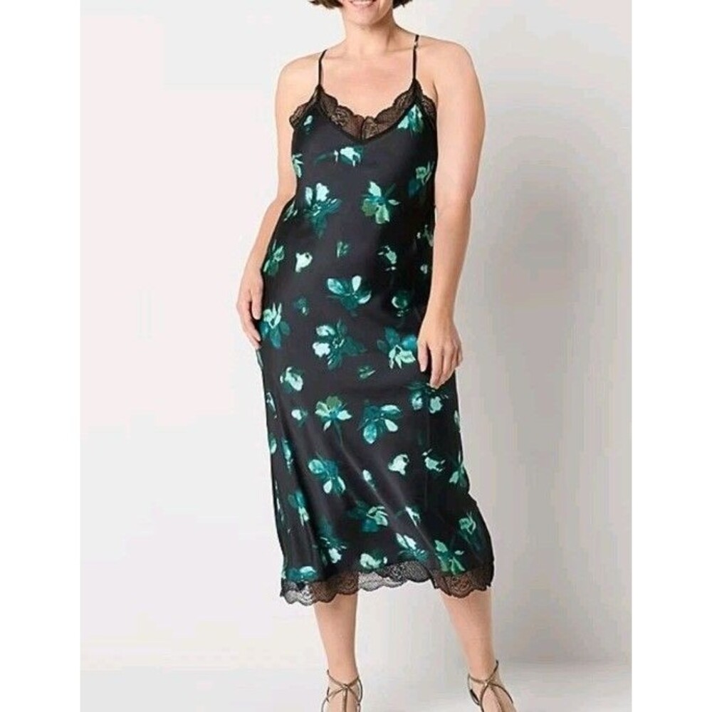 Worthington Women's Size Medium Floral Slip Dress Floral Print Black Teal Satin